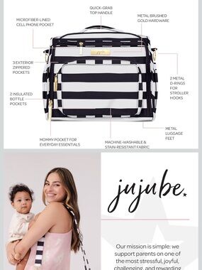 JuJuBe B.F.F. The First Lady Convertible Diaper Bag Black White Gold Luxury Baby